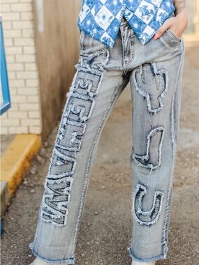 LB Yeehaw Western Horseshoe, Boot, & Cactus Women’s Denim Patchwork Jeans
